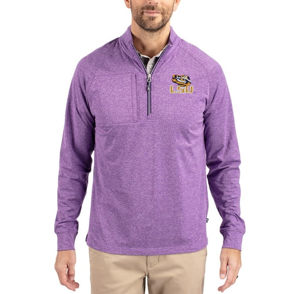 Women's-Cutter & Buck  Heather Purple LSU Tigers Adapt Eco Knit Stretch Recycled DryTec Raglan Quarter-Zip Pullover