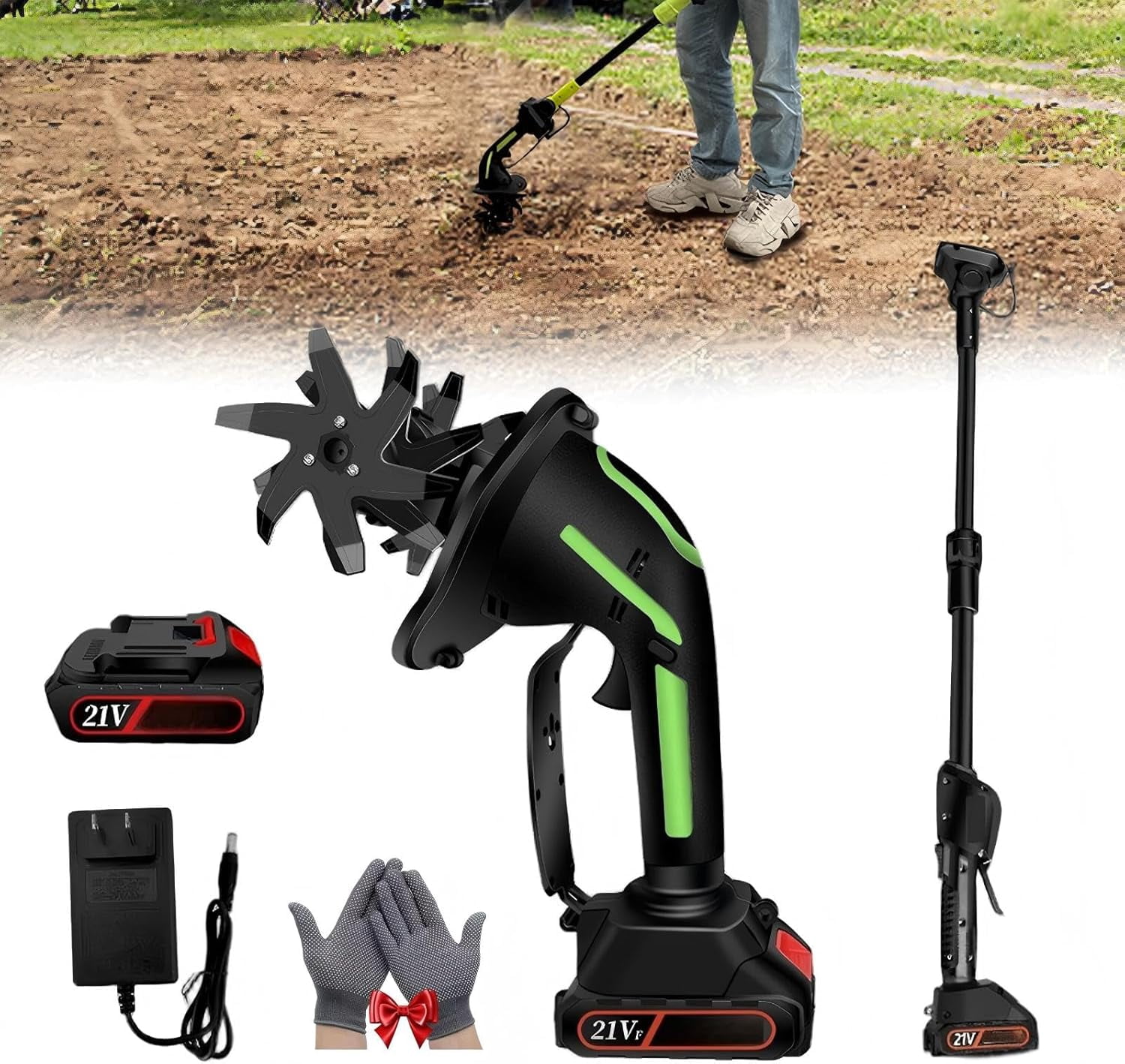2 in 1 Cordless Tiller and Cultivator with Extension Pole, 20V Lightweight Handheld Battery Tiller Cultivator for Garden, Flower Beds, Weeding, Trenching, Battery Included