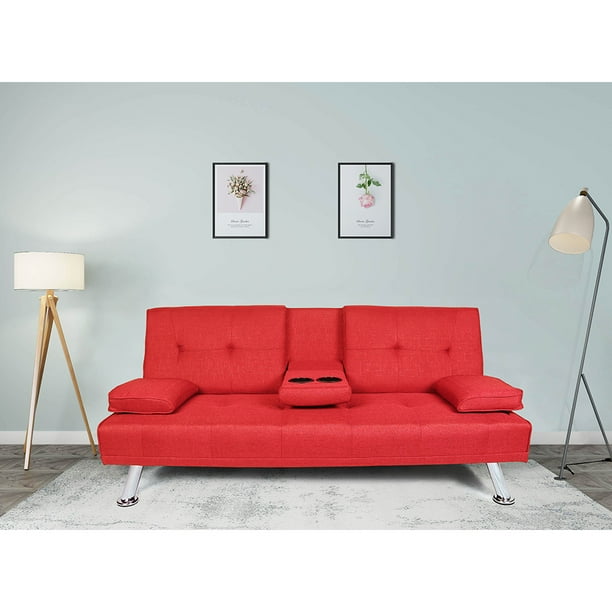 Modern Convertible Folding Futon Sofa Bed with Metal Legs, Two Cup