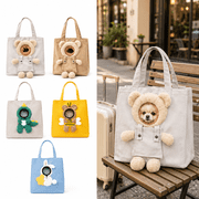 Dog Tote Bag with Head Hole, White Teddy Bear Style, Pet Canvas Shoulder Carrier for Small Dogs and Cats, Cute Puppy Cat Carry Bag for Walking Shopping and Casual Travel