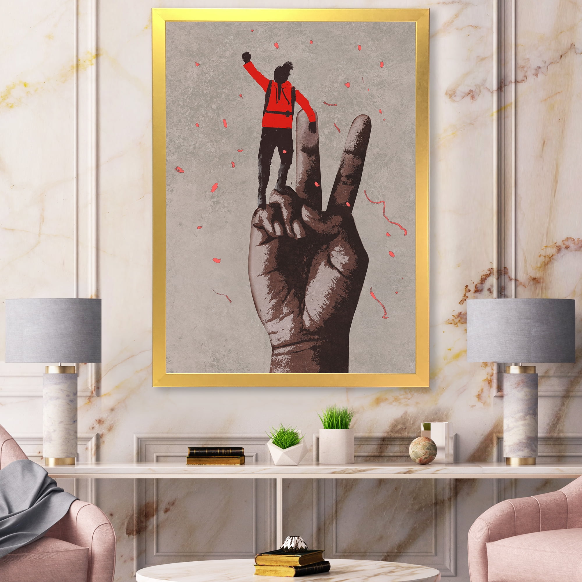 Designart 'Man With Arm Raised On Victory Sign' Modern Framed Art Print