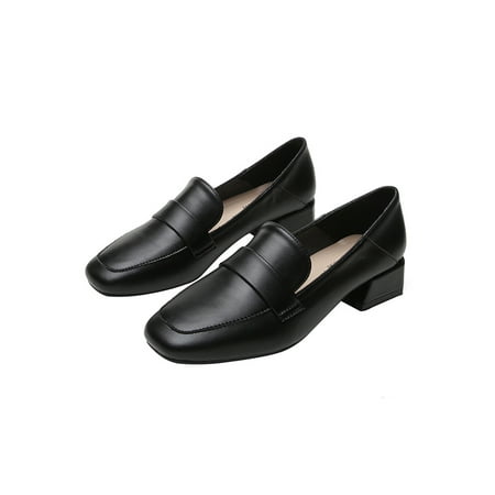 

Wazshop Ladies Flats Low Top Loafers Square Toe Leather Shoes Comfort Slip On Pumps Women Loafer Chunky Fashion Black 9