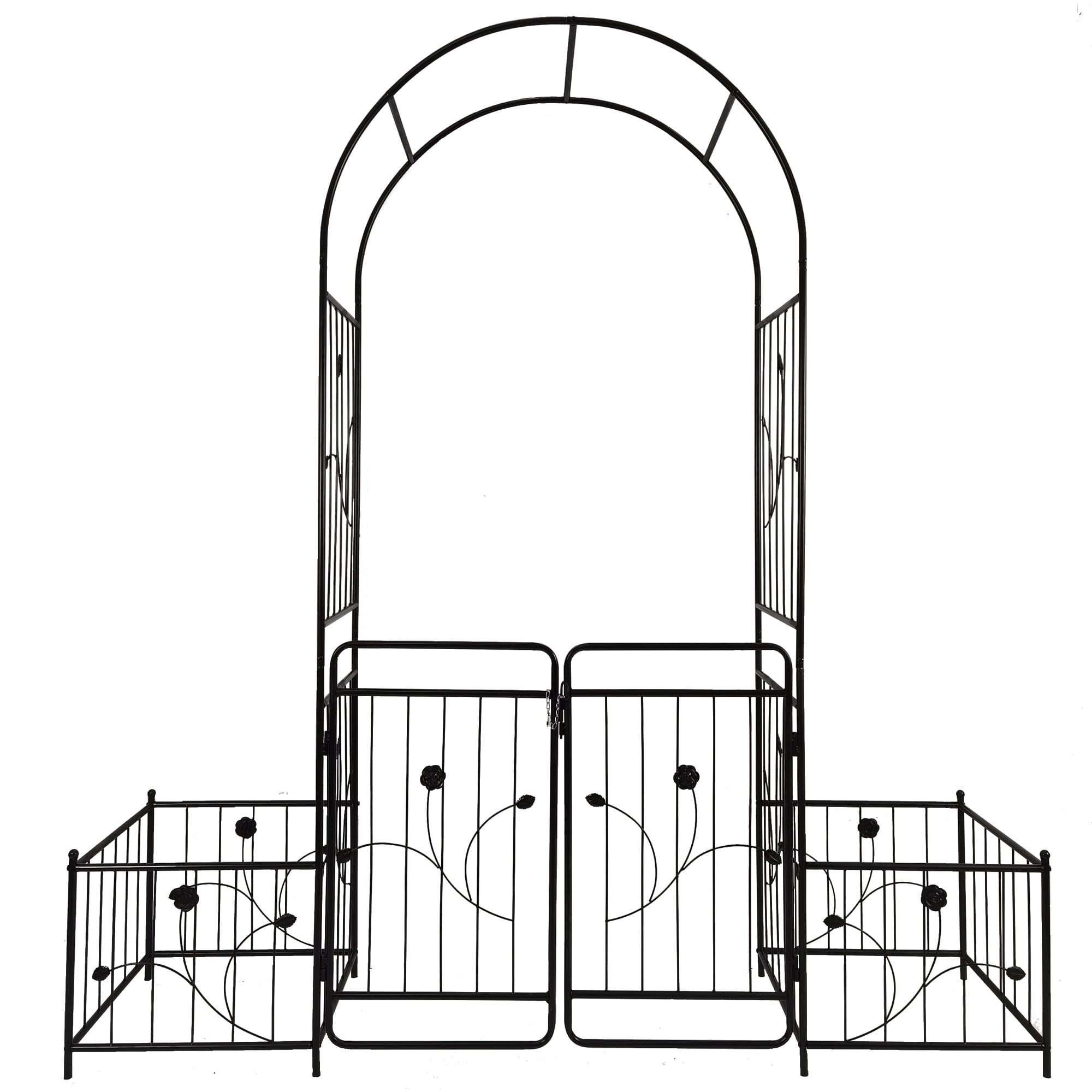 Miniyam Metal Garden Arch with Double Doors and 2 Side Planter Baskets, 79.5" W x 86.6", Black