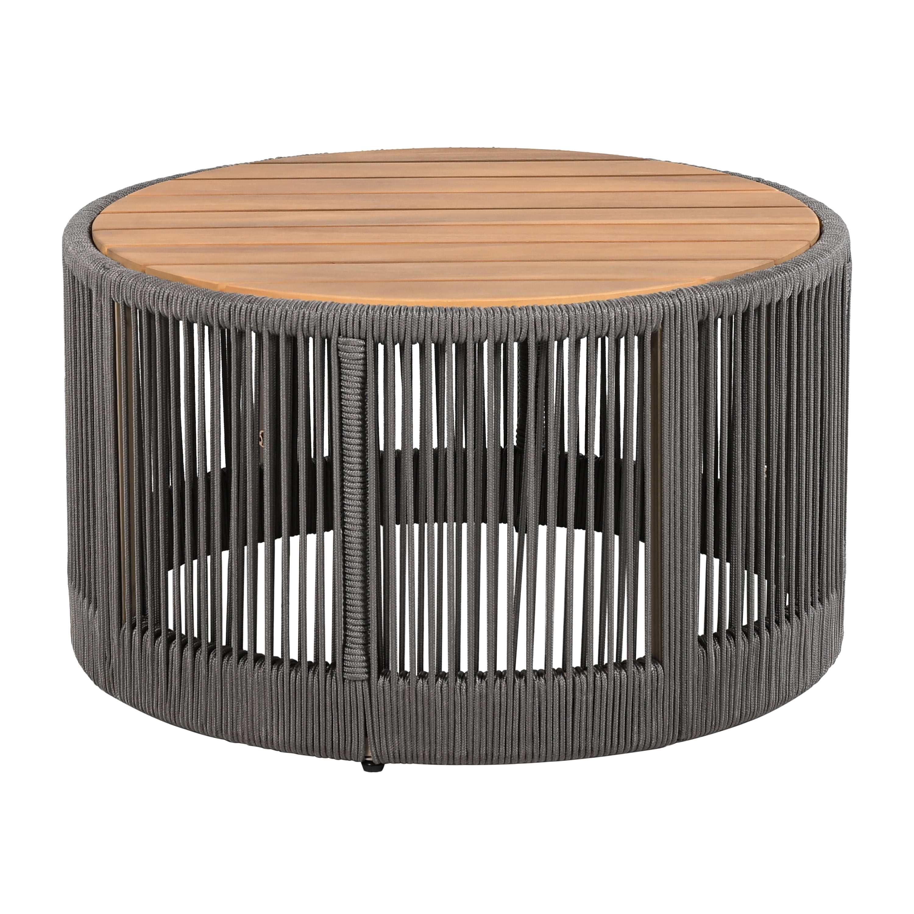 Euroco Outdoor Rattan rope & Acacia Wood Coffee Table - Patio Balcony Furniture for Garden, Yard, Balcony - Weather Resistant (Rope Grey, Natural Iron)