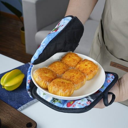 

WindC 2Pcs/Set Microwave Glove Fine Workmanship Non-Slip Polyester Christmas Washable Oven Mitts Mat for Home