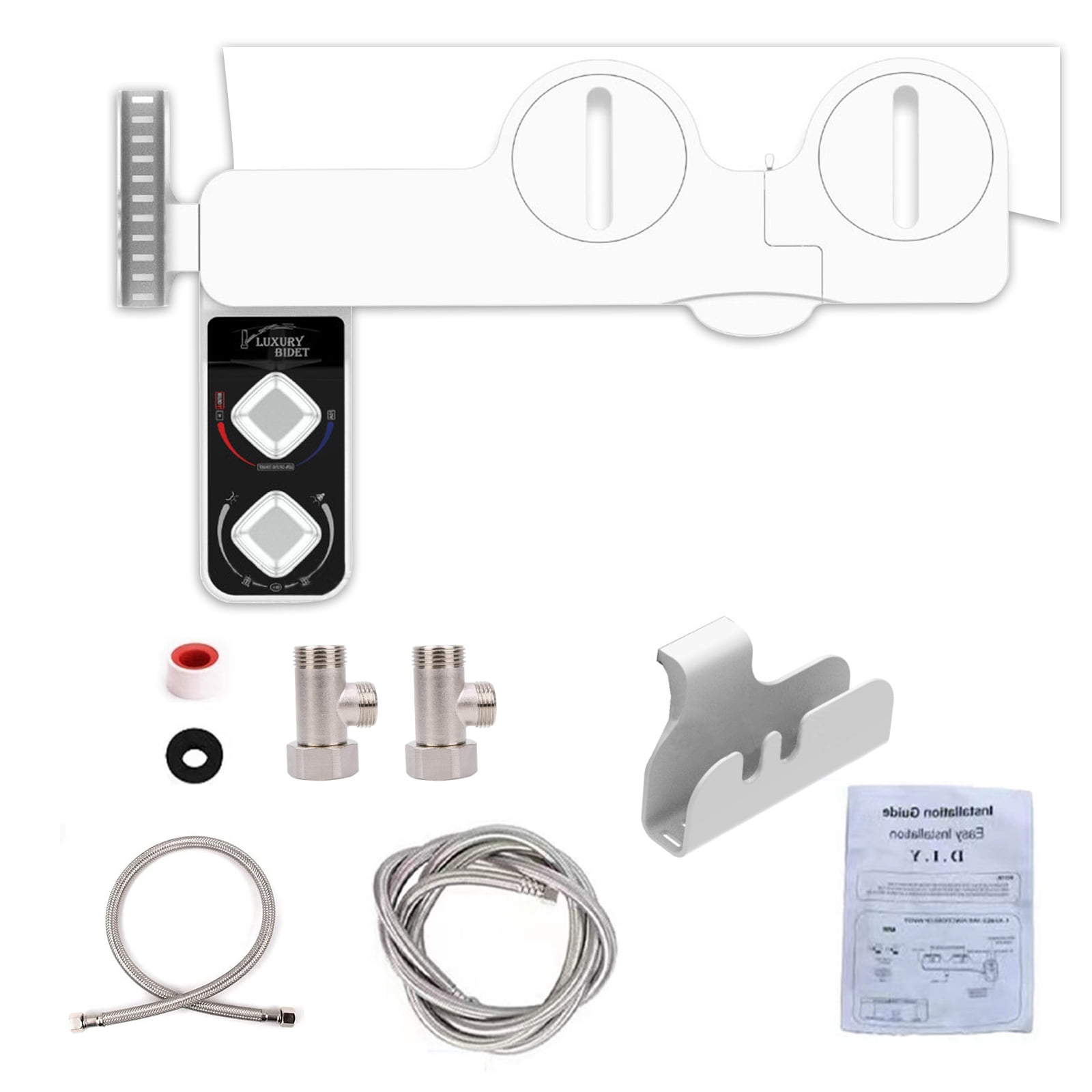 E-Greetshopping Bidet Attachment for Toilet Seat, Hot and Cold Water Dual Nozzles of Self Cleaning, Adjustable Pressure Sprayer Nozzle with Storage Hooks, Rear and Feminine Wash