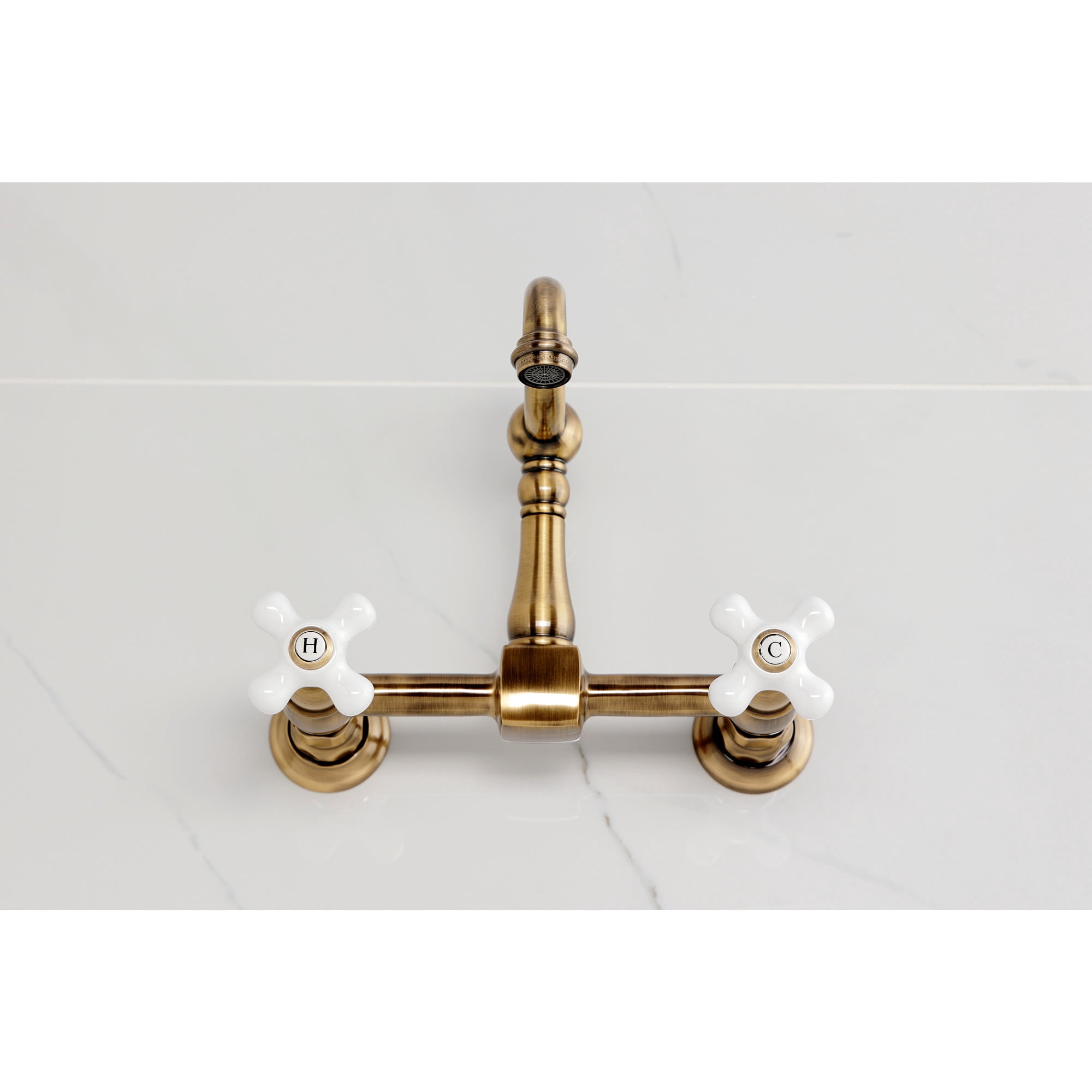Kingston Brass KS2443PX Heritage Double-Handle Wall-Mount Bridge Kitchen Faucet, Antique Brass