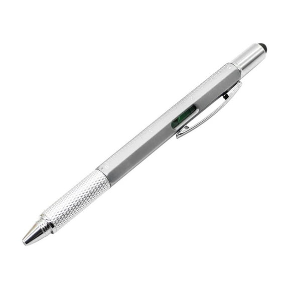 XEOVHV Metal Multi tool Pen 6-in-1 Stylus Pen - With Screwdriver, Ballpoint Pen Black ink, Stylus pen, Level and Ruler, 1-Count (Silver)