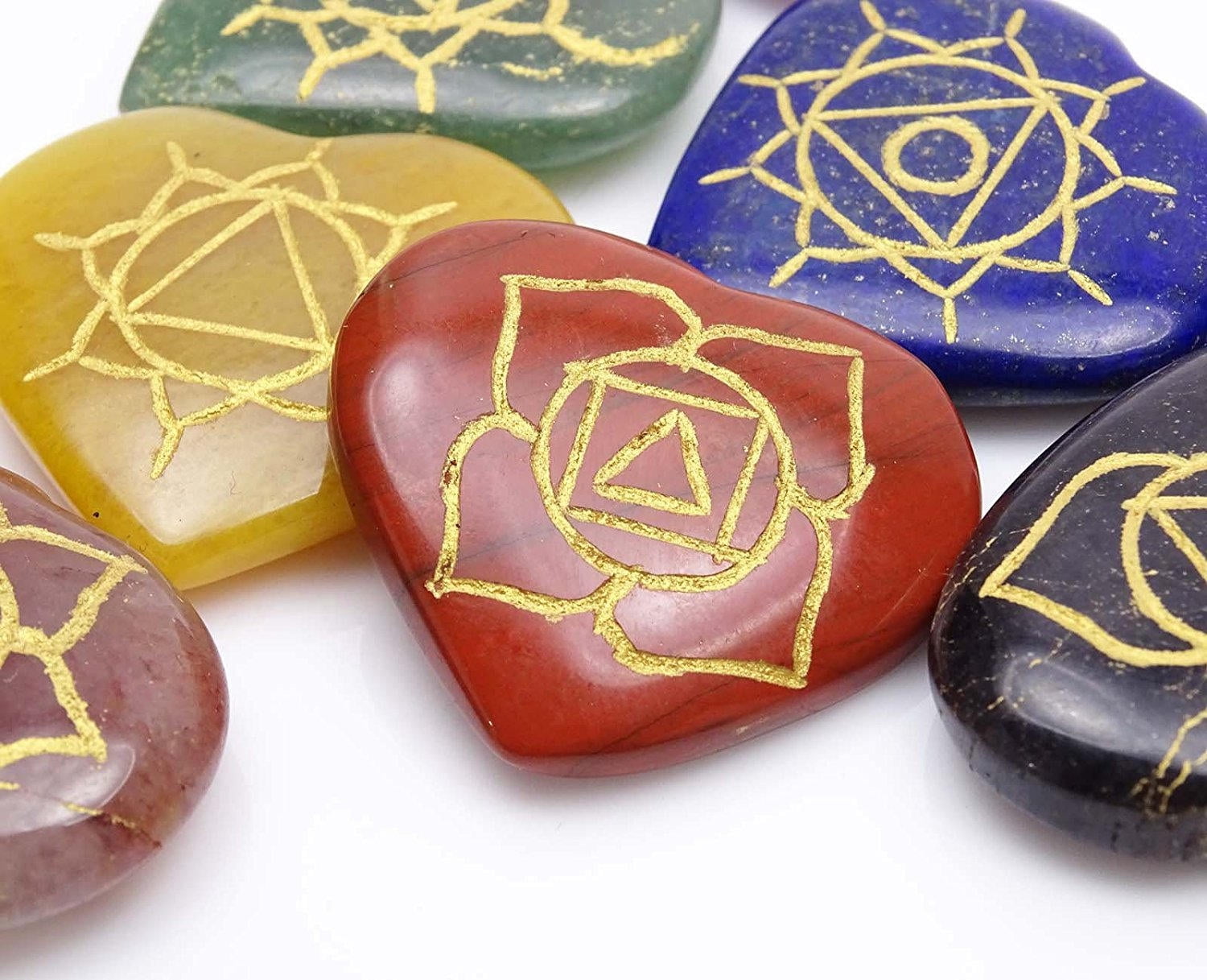 Harmonize 7 Multistone Heart Shape Set Chakra Symbol Reiki Healing Crystal Feng Shui Gift Table Decor