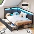 thumbnail image 3 of Twin Size Corner Bed Frame with 2 Storage Drawers&Charging Station&LED Lights, Twin Upholstered Platform Bed Frame Daybed for Bedroom, Gray, 3 of 11