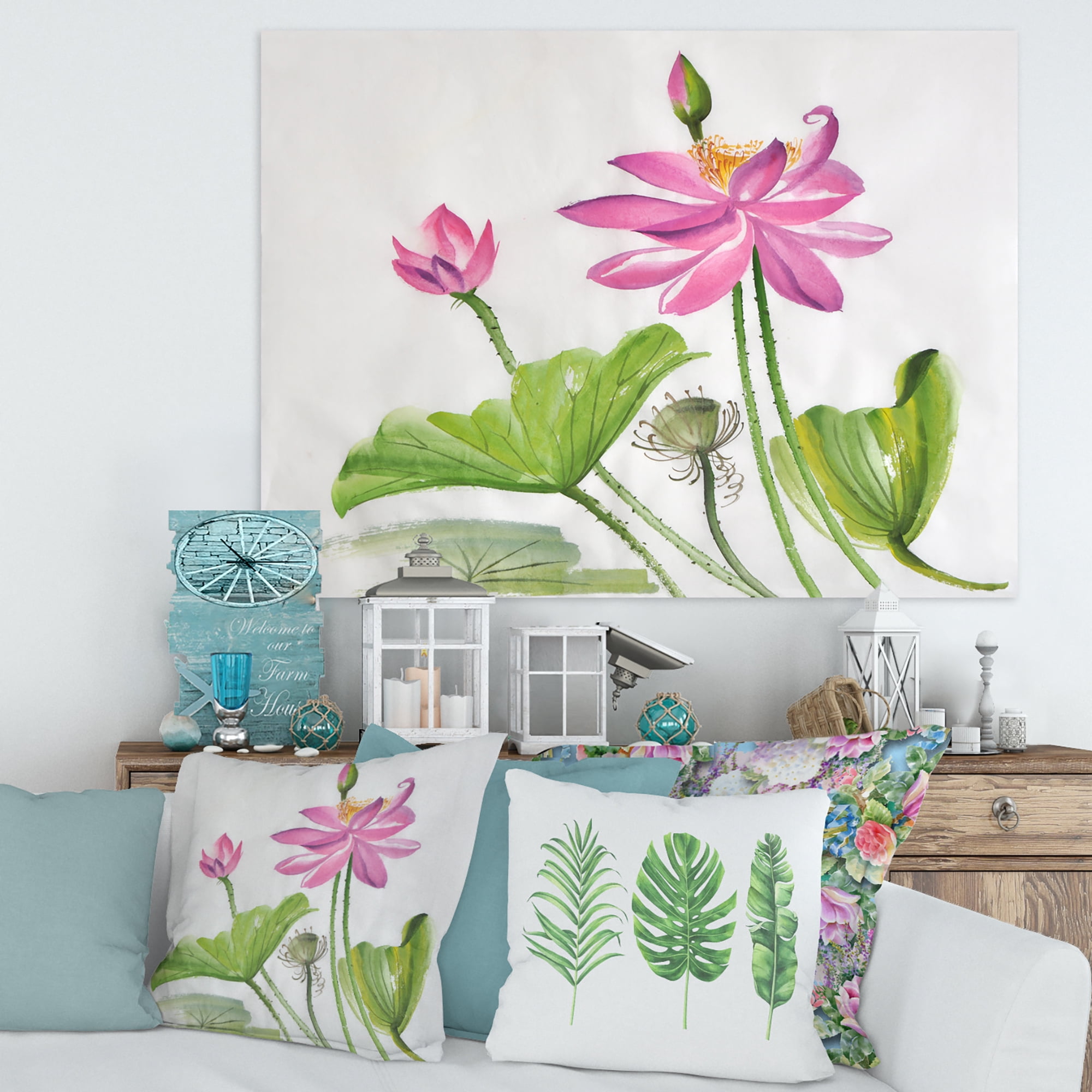 Designart ' Two Pink Lotus Flowers With Green Leaves ' Traditional Canvas Wall Art Print