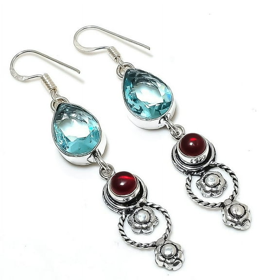 Natural Swiss Blue Topaz,Garnet Gemstone 925 Sterling Silver Earring 2.60"