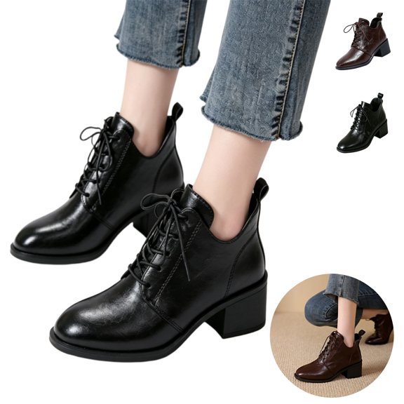 Mfakffe Womens Ankle Boots Pointed Toe Lace-Up Block Heel Booties Fashion Casual Non Slip Walking Shoes for Daily Commute