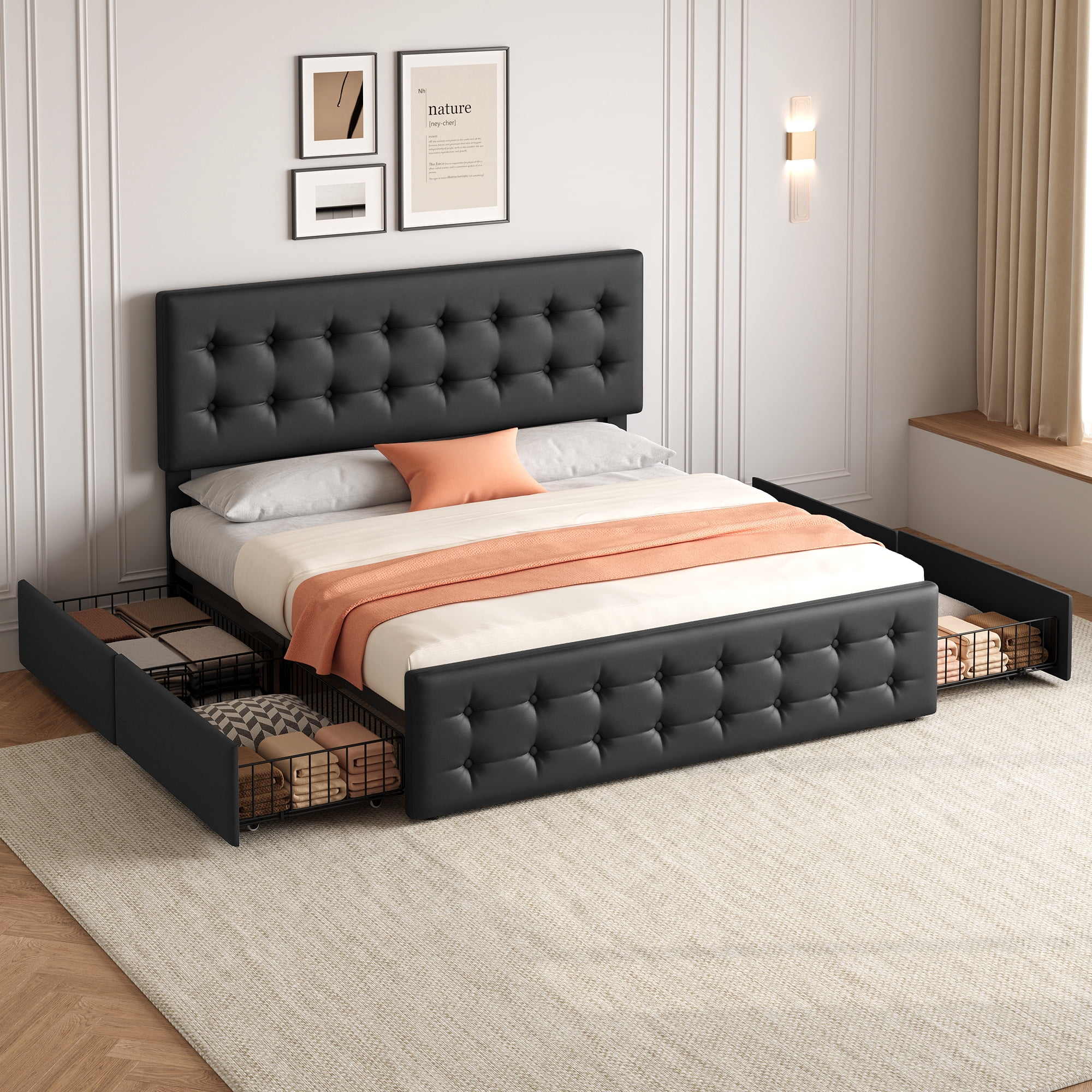 Huisuilinss Linen Upholstered Platform Bed Frame Queen Size Bed Frame With Button Tufted Design Headboard Full Size Bed Frame With 4 Storage Drawers Wooden Slats Support No Box Spring Needed