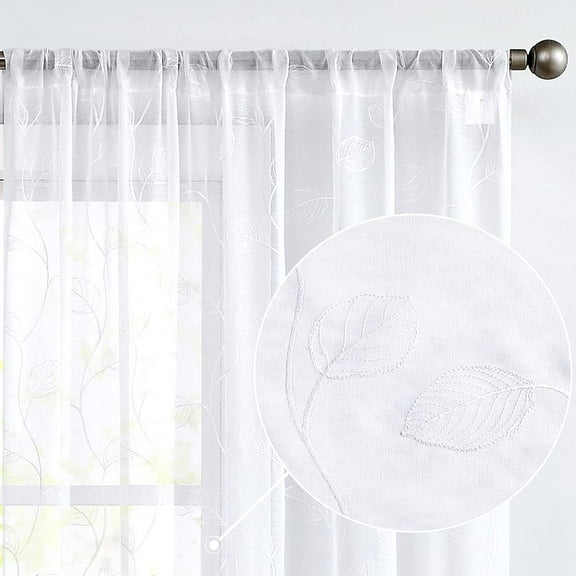 Curtainking Sheer Curtains for Living Room Embroidered Leaf Window Curtains 96 inch Length light Filtering Drapes Bedroom Rod Pocket 2 Panels White