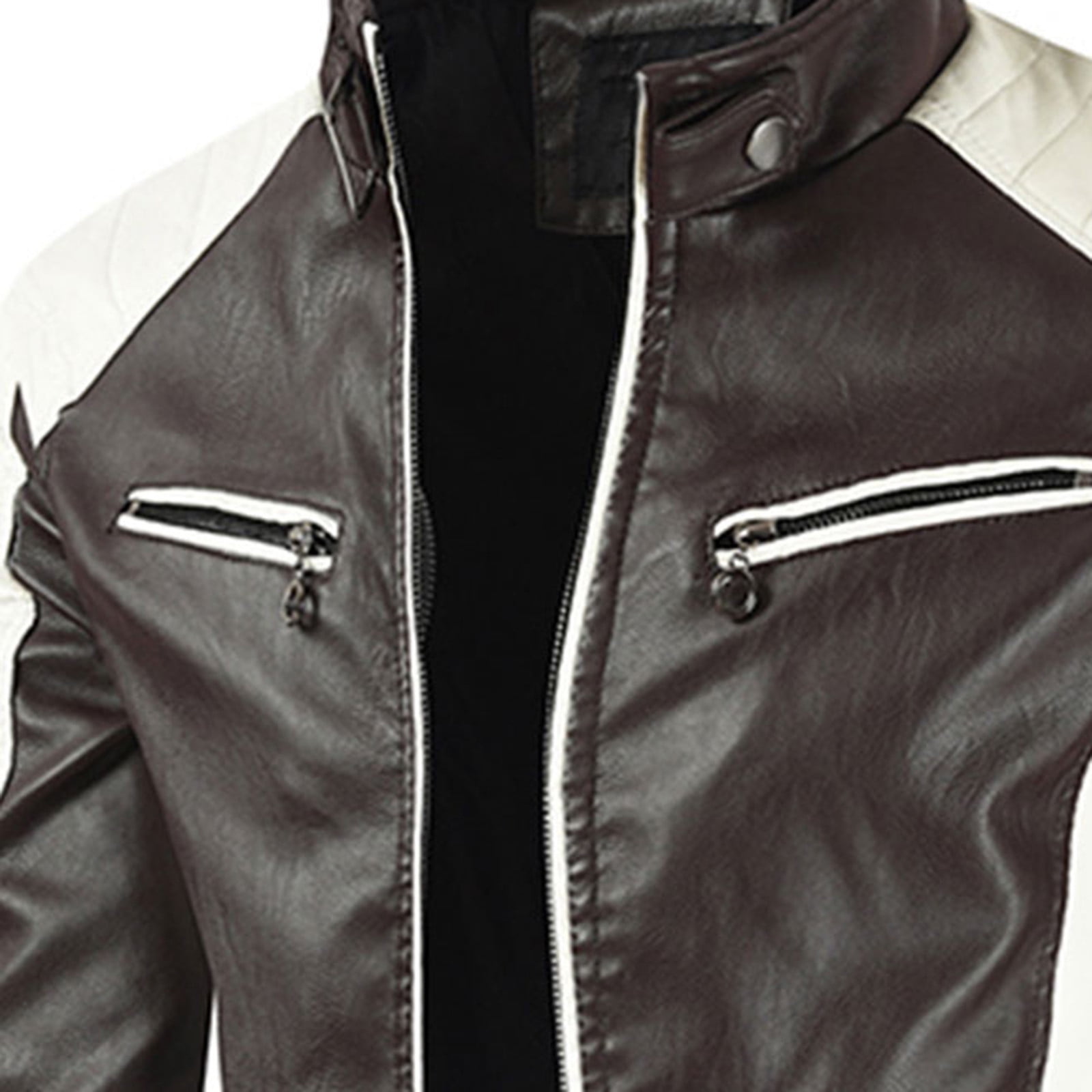 JURANMO Stand-Up Collar Men's Motorcycle Faux Leather Racing Suit Color-Blocking Pu Simulation Leather Jacket,Mens 2024 Trendy Zip Pockets Full Zipper Casual Artificial Leather Jacket