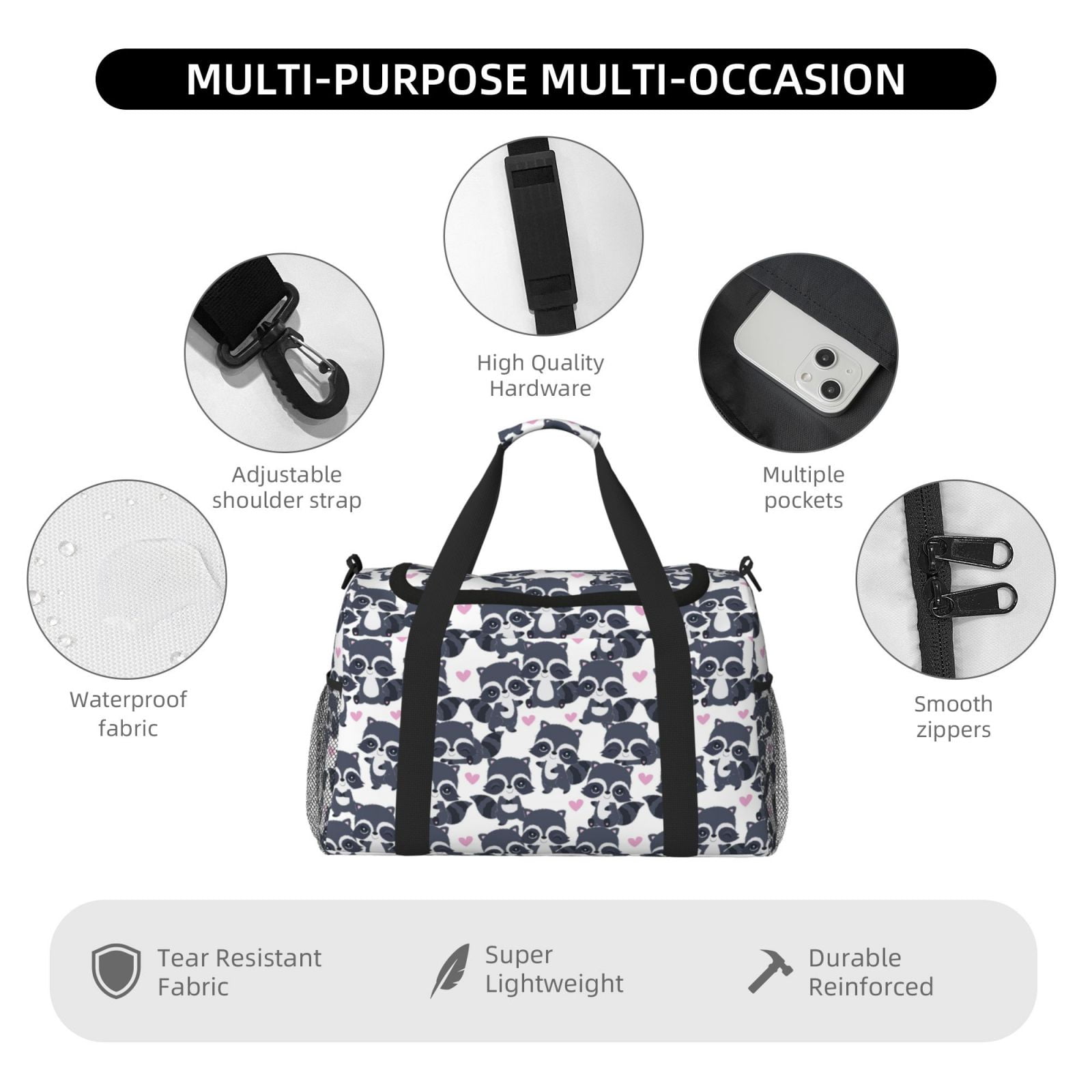 Defioc Cartoon Raccoon Print Hand Travel Bag - Foldable Travel Duffel Bags for Men Women -Sport Gym Bag - Overnight Travel Duffel Bag - Adjustable Shoulder Strap