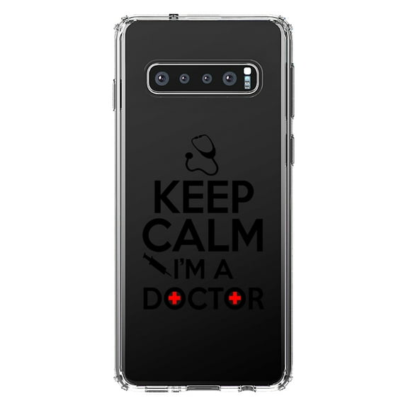 DistinctInk Clear Shockproof Hybrid Case for Samsung Galaxy S10 (6.1" Screen) - TPU Bumper Acrylic Back Tempered Glass Screen Protector - Keep Calm I'm A Doctor