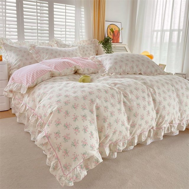 Rose Ruffles Cotton Duvet Cover, 400tc, King Size
