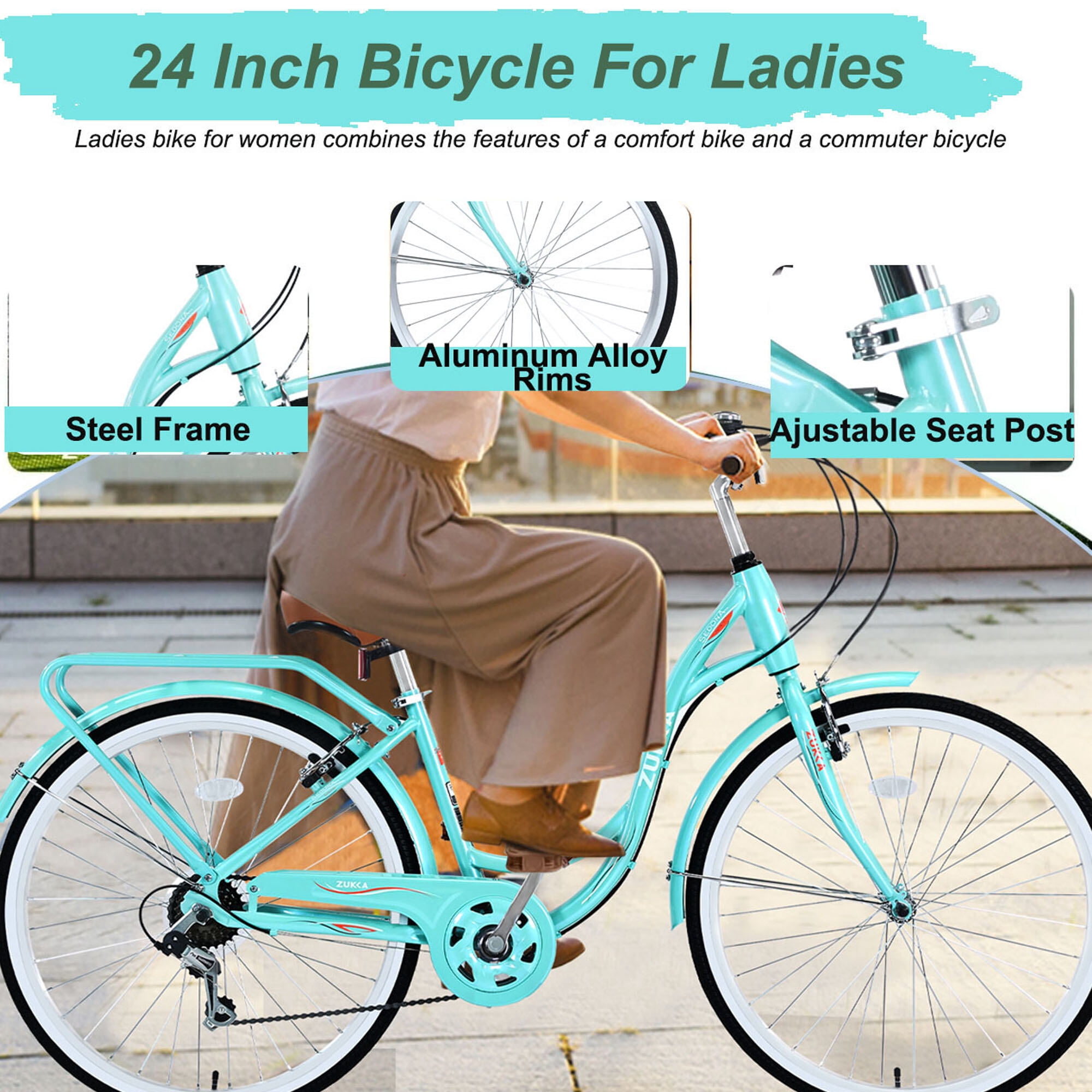 Road Bikes, 7 Speed, Steel Frame, Multiple Colors 24 Inch Ladies Bicycle, Blue+Green Mountain Bikes,Steel Bicycles, Fitness & Sports Outdoor Bikes