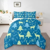 Manfei Blue Green Xmas Tree Bedding Comforter Set for Teen, Cartoon Reindeer Animal Twin Comforter Sets, Merry Christmas Reversible Bedding Set, Ultra Soft Home Decor, 2pcs
