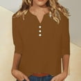 thumbnail image 4 of 3/4 Length Sleeve Blouses for Women Summer Cotton Linen Fashion Solid Color Button Shirts Casual V-neck Loose Pullover Top, 4 of 9