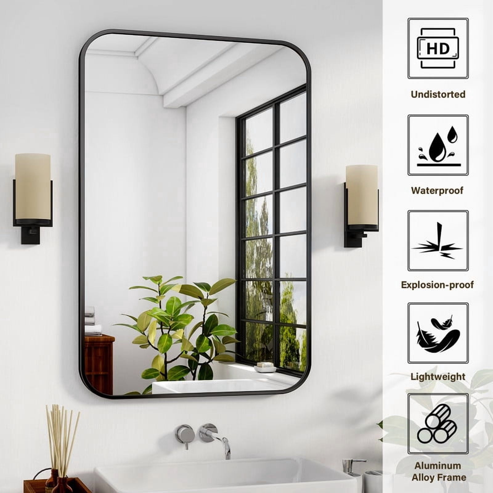 Easy4Home 28"x20" Rectangular Bathroom Mirror Hanging Rounded Corners Vanity Mirror Wall Mounted, Black