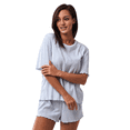 thumbnail image 3 of Conjunto de Pijama Informal Holgado con Ribete de Encaje para Mujer, 2 Piezas, Camiseta de Corta con Cuello Redondo y Pantalones Cortos, Azul XL, 3 of 10
