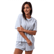 thumbnail image 3 of Conjunto de Pijama Informal Holgado con Ribete de Encaje para Mujer, 2 Piezas, Camiseta de Corta con Cuello Redondo y Pantalones Cortos, Azul L, 3 of 10