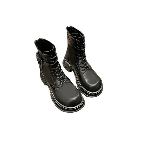 

Ymiytan Womens Casual Booties Walking Lace Up Low Calf Boot Work British Style Ankle Boots Plush Lined Black 7