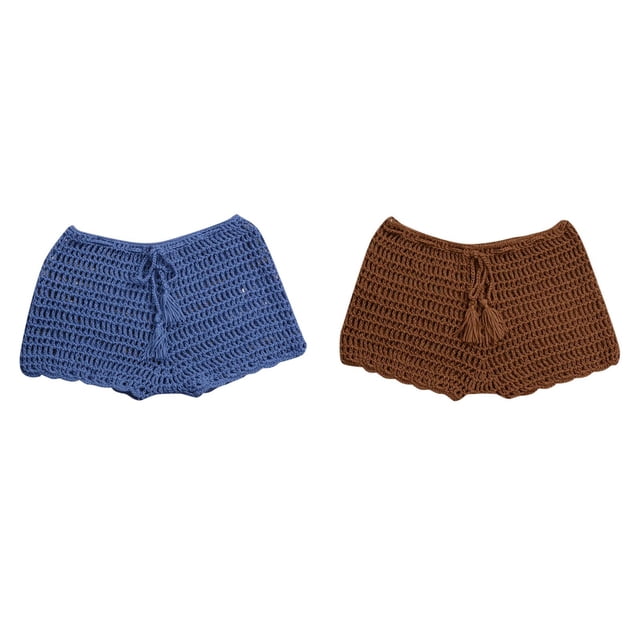 2 Pack(Blue 1PCS & Coffee 1PCS) Multipack Women's Summer Solid Color Handwoven Beach Swimming Pants Stretchable Strap Hollow Flat Corner Pants