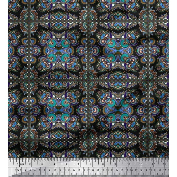 Soimoi Crepe Silk Fabric Check & Paisley Patchwork Print Fabric by The Yard 42 Inch Wide