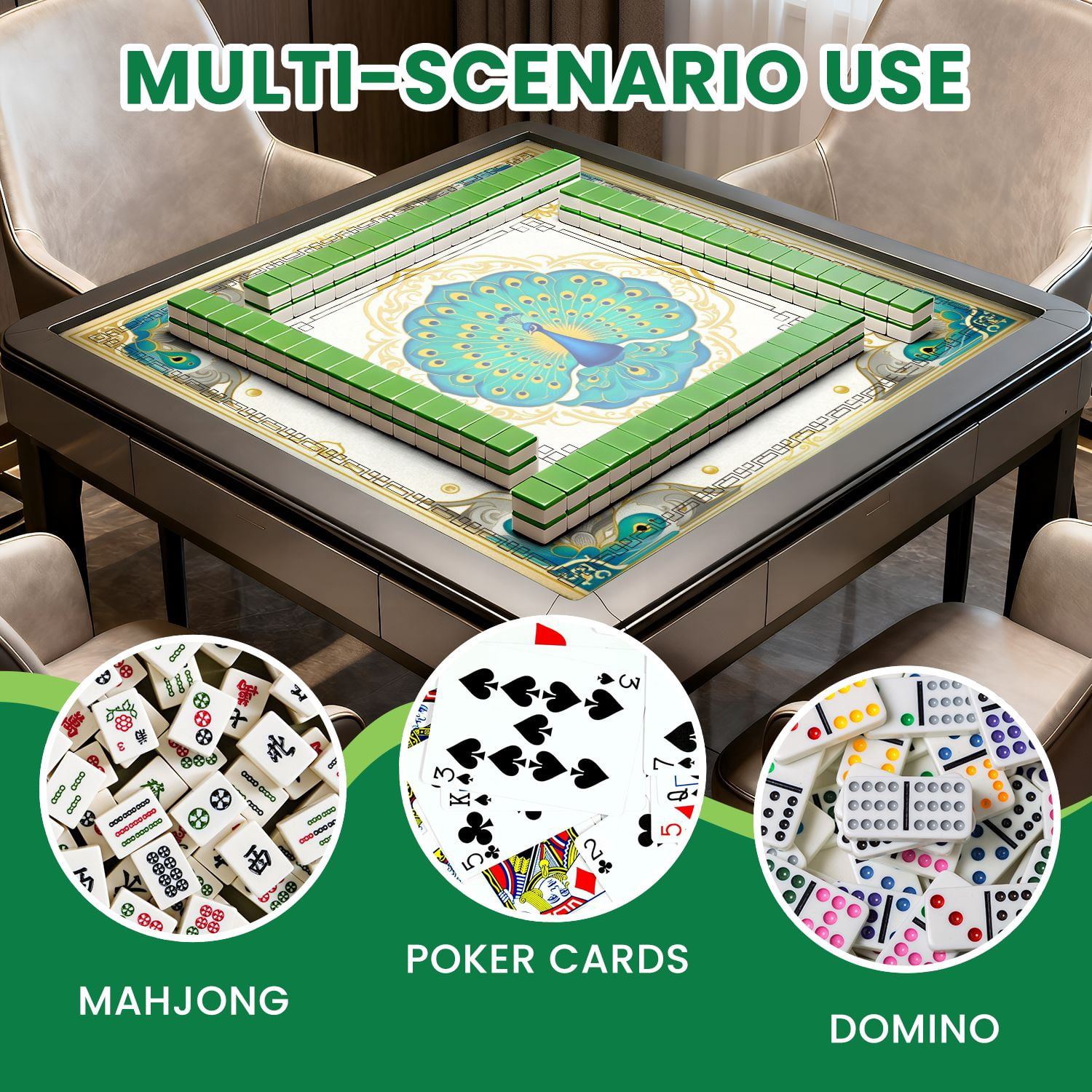 Mahjong Mat 31.5" x 31.5" Elegant Peacock Vibrant Blue Green Feathers Ornate Gold Frame Non-Slip Noise Reduction American Mahjong Tiles Table Cover for Dominoes Poker Card Board Games Gift