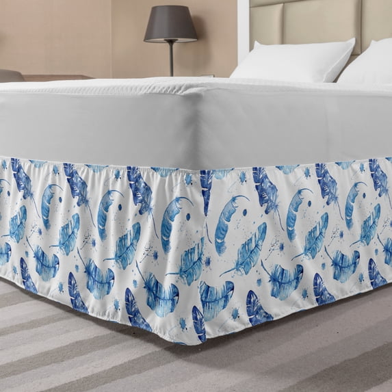 Feather Bed Skirt, Watercolor Quill Design with Splashes and Stains Brush Strokes Effect, Elastic Bedskirt Dust Ruffle Wrap Around for Bedding Decor, 4 Sizes, Pale Blue and White, by Ambesonne