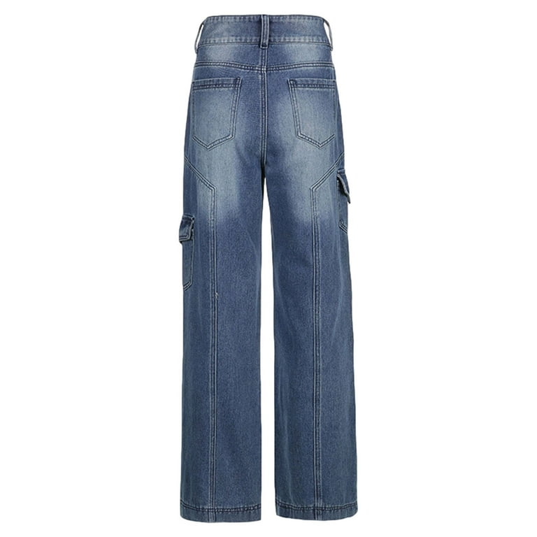 TFFR 90s Vintage Cargo Jeans High Waist Wide Leg Baggy Mom Denim Pants Women  Fashion Pockets Harajuku Oversized Long Trousers 