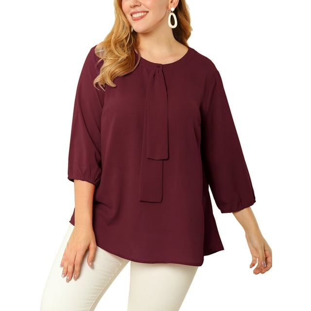 Agnes Orinda Women's Plus Size St. Patrick's Day Round Neck Tie Front Ruffle Chiffon Work Blouses 1X Wine Red