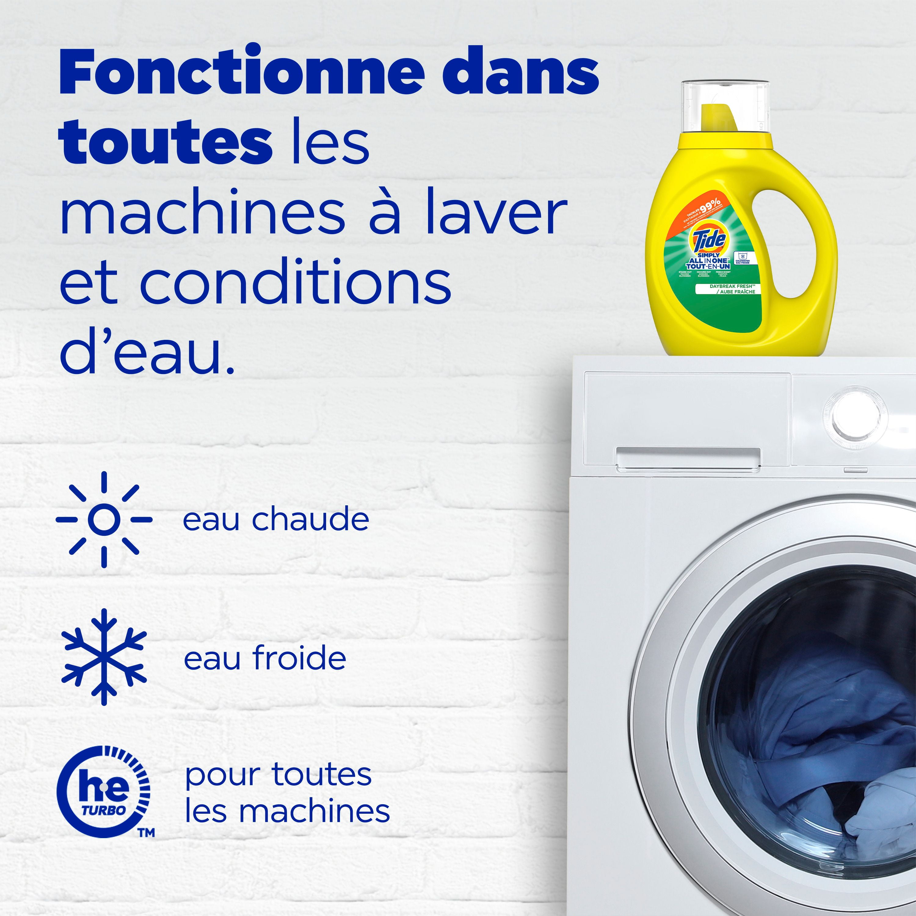 Détergent à lessive liquide Tide Simply Tout-en-un, parfum Aube fraîche, 24 brassées, 946 mL