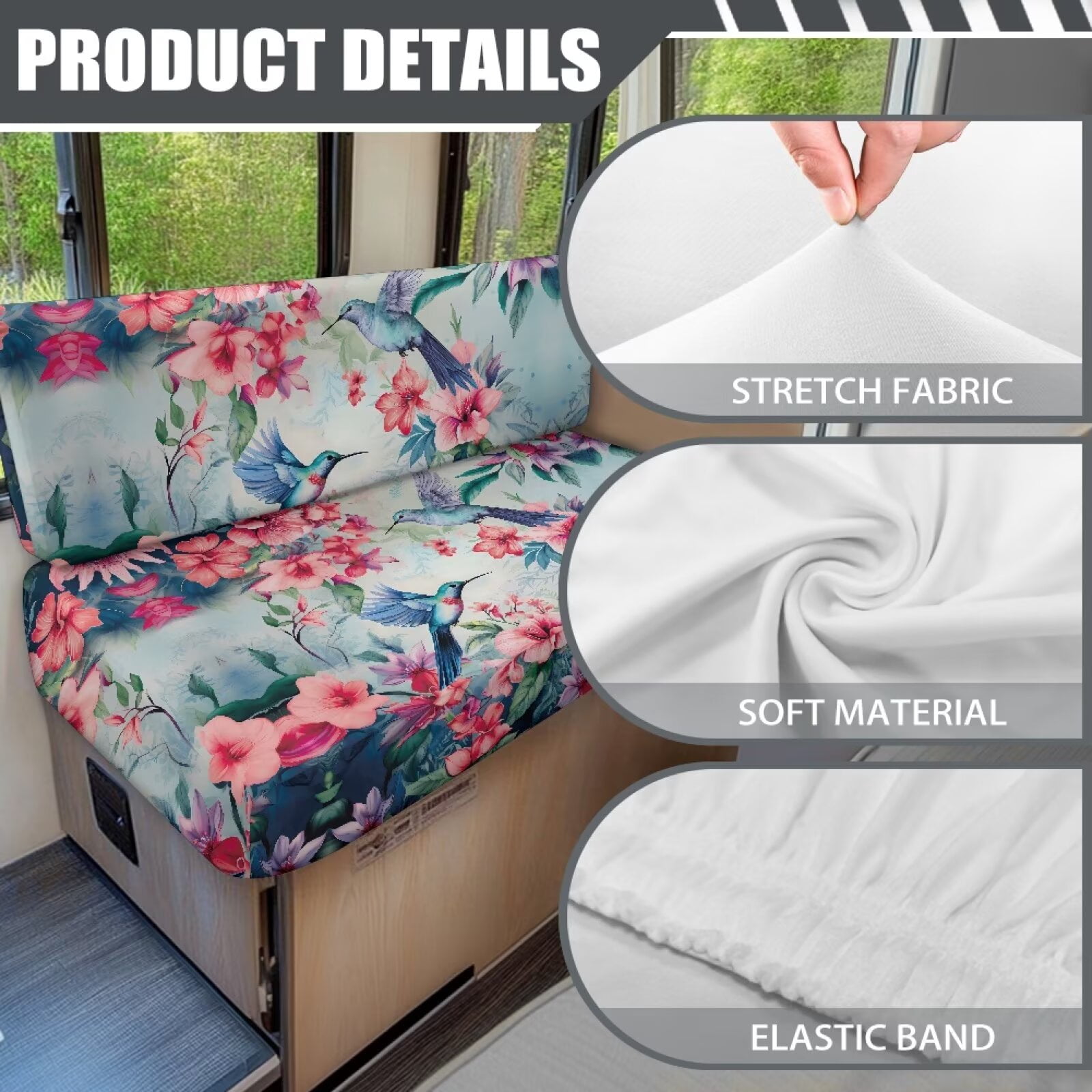 XYZCANDO Hummingbird Floral RV Dinette Cushions Stretchable RV Accessories for Inside Universal Bench Cushion Comfortable Couch Cushion Covers Stylish Camper Accessories for Inside Slipcovers Blue