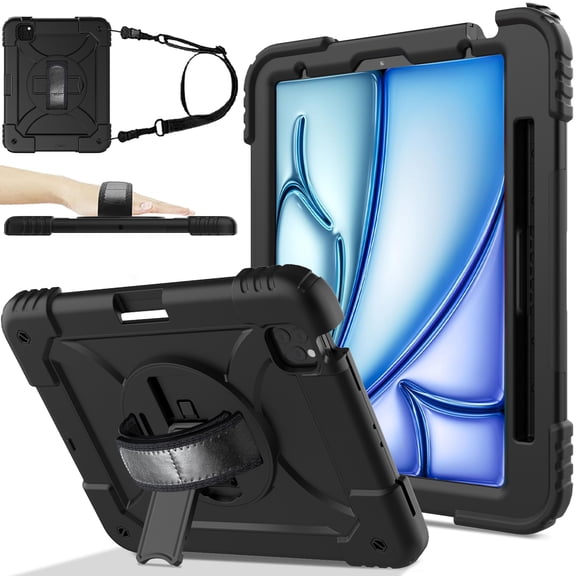 BMOUO Case for iPad Air 11 Inch M4 (2026) / M3 (2025) / M2 (2024),iPad Air 5th / 4th Generation 10.9 Inch Protective Case Cover with 360°Rotating Stand and Hand / Shoulder Strap, Black