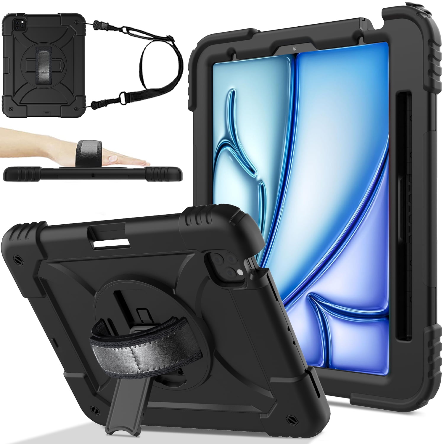 BMOUO Case for iPad Air 11 Inch M4 (2026) / M3 (2025) / M2 (2024),iPad Air 5th / 4th Generation 10.9 Inch Protective Case Cover with 360°Rotating Stand and Hand / Shoulder Strap, Black