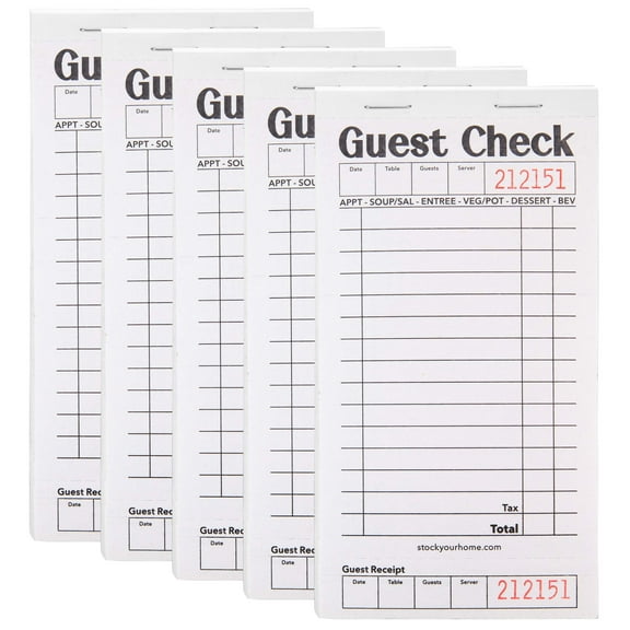 Stock Your Home Black or White Guest Check Books 5 Pack 250 Total Tickets with Perforated Receipts