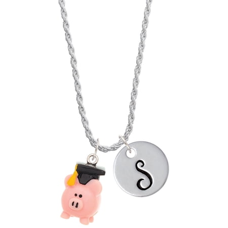 Delight Jewelry Resin Pink Pig Graduate Silvertone Script Initial Disc - S - Charm Necklace 20 +3