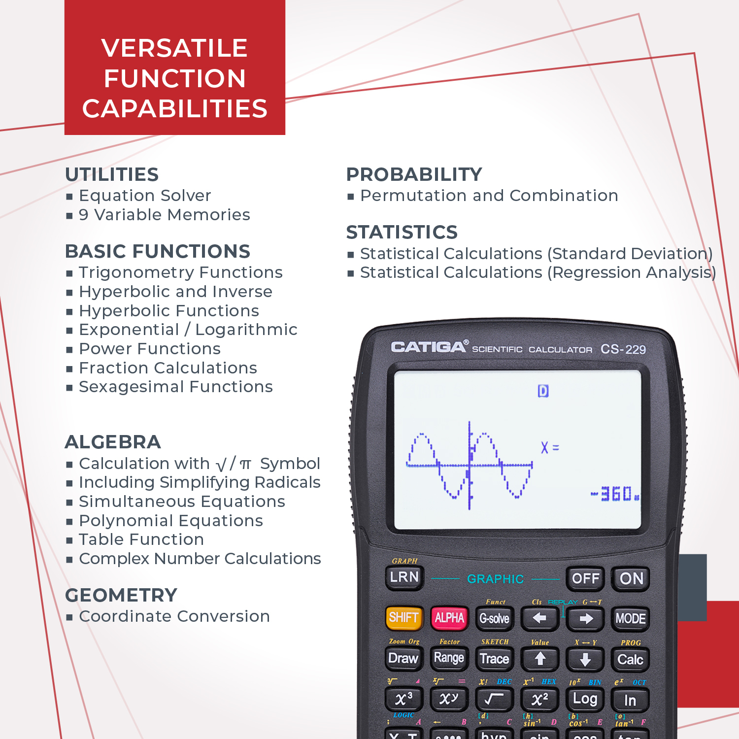 CATIGA CS-229 Scientific Graphing Calculator, Black photo 5