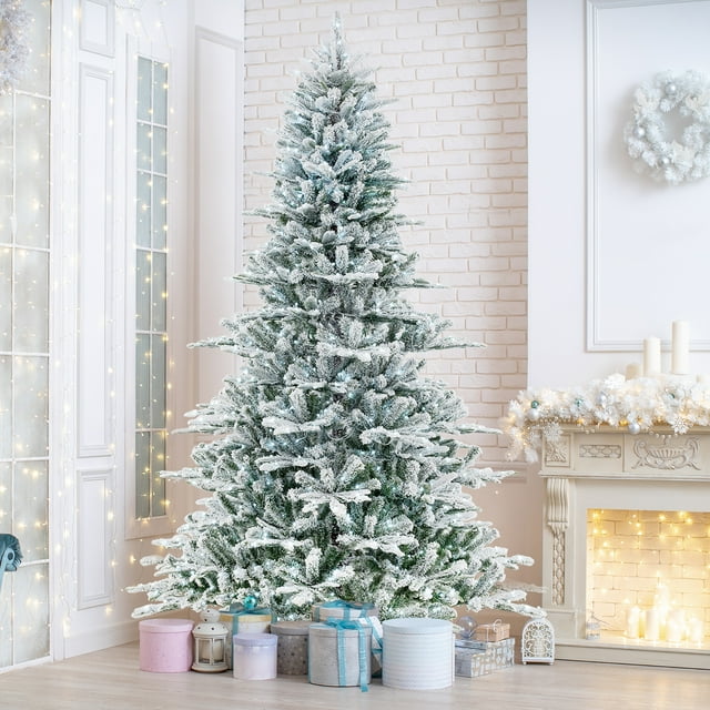 Gymax 8 FT Snow Flocked Artificial Christmas Tree w/ 1447 PVC & PE Tips 800 LED Lights
