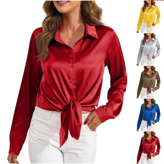 FRSASU Women Button Down Shirts long Sleeve imitation silk Basic Business Dress Shirt Slim Fitted Classic V Neck Button Up Work Blouse Tops Yellow