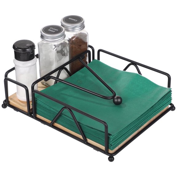 Heavy Duty Metal Napkin Holder - Black Flat Tissue Holder with Weighted Arm & Wood Base | Modern Tabletop Tissue Dispenser with Storage Slot for Dining, Kitchen (7.1×9.4×2.7")
