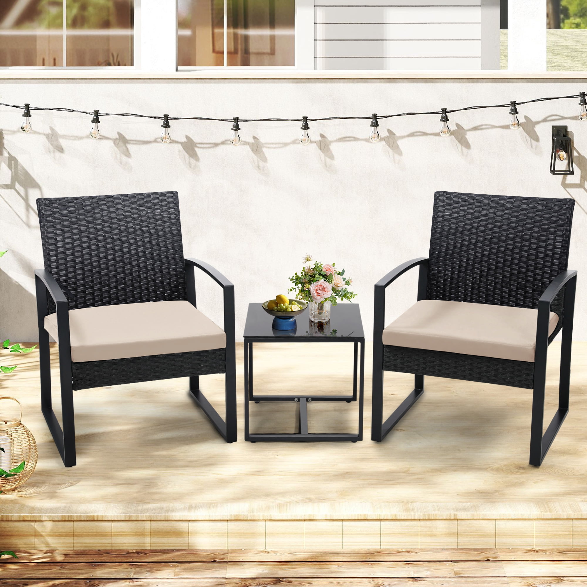 TUAREX 3-Piece Rattan Patio Furniture Set, All-Weather Wicker Bistro Set with Coffee Table and Cushioned Chairs for Garden, Yard, Balcony, Beige