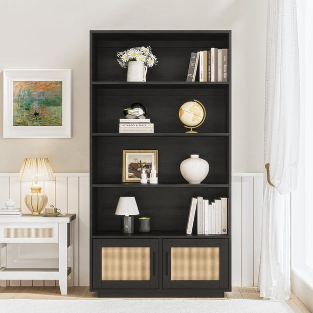 Yeshouse Biblioteca de 5 niveles con puertas, estantería de madera de ratán de la puerta de 59 ", armario de almacenamiento alto - Base de marco de madera resistente y dispositivo anti-punta