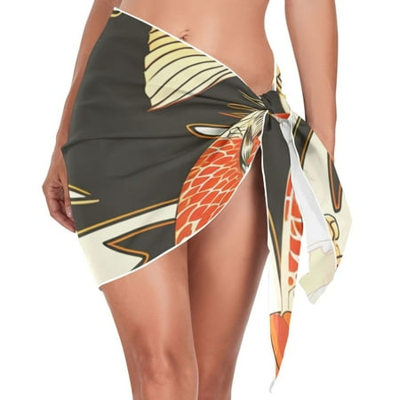 Goldfish Flowers Women Coverups Beach Cover Up Chiffon Swimsuit Bikini Wrap Short Skirt Beach Slit Tie Waist