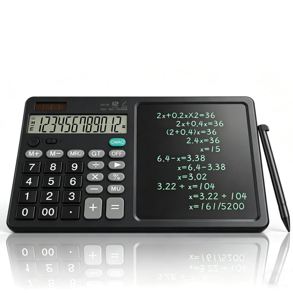Desk Calculator with Erasable Writing Pad, 12-Digit Wide Screen Display, 100,000  Reusable LCD Notepad, One-Click Clear & Lock Function, Solar and Battery Dual Power for Office,School,Business  Black